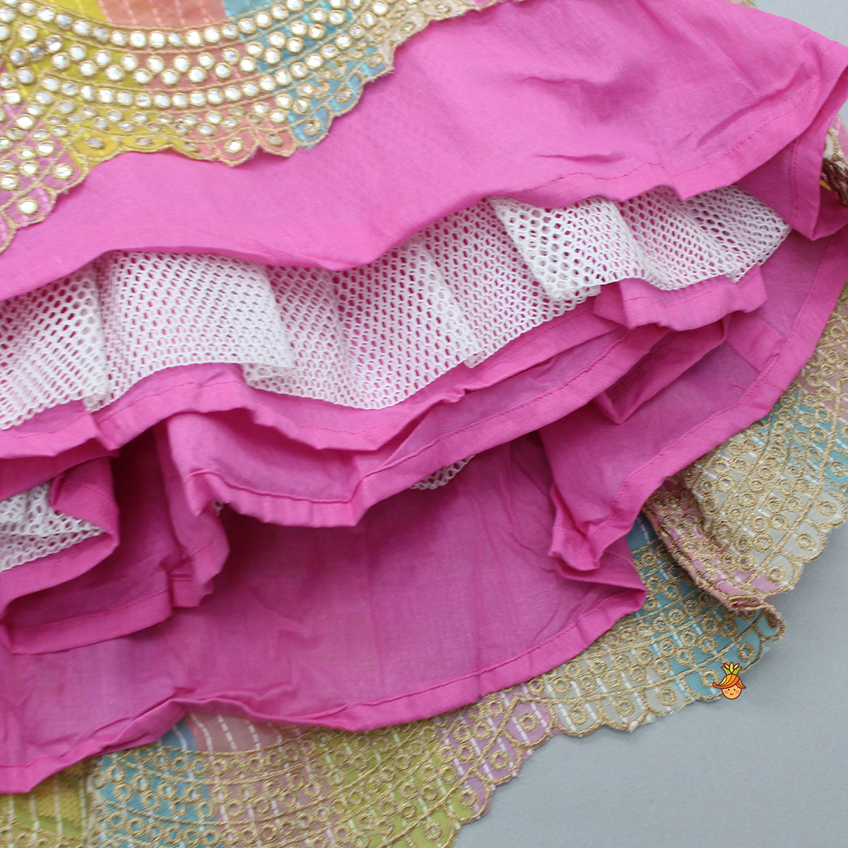 Pink One Shoulder Drape Style Top With Multicolour Sequins Embellished Lehenga