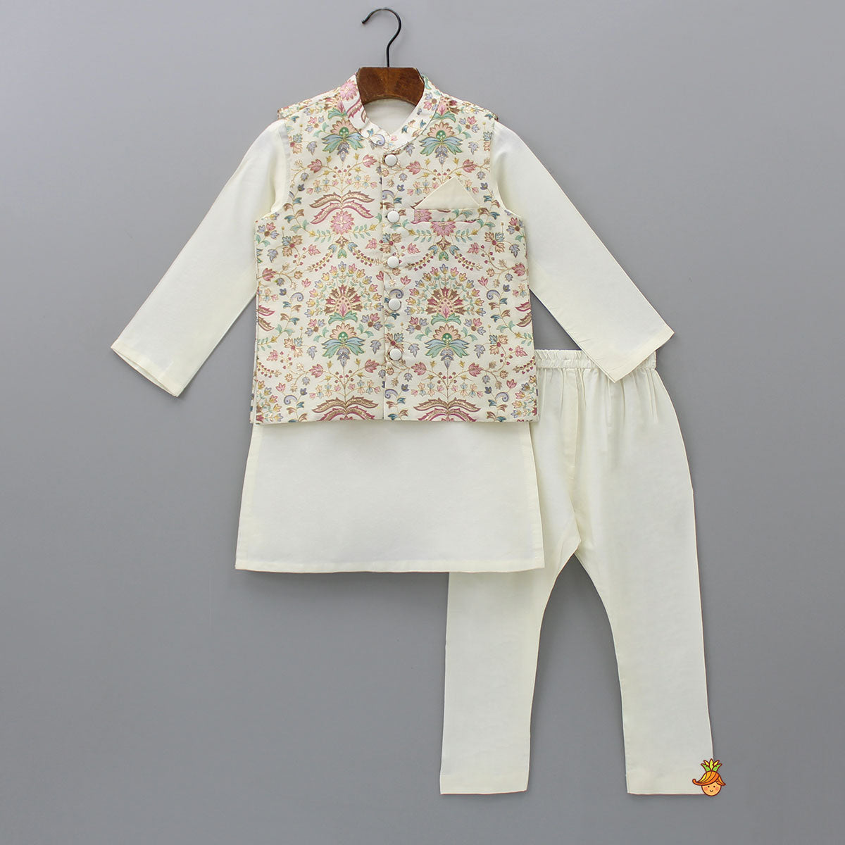 Pre Order: Floral Printed Golden Thread Work Jacket With Off White Kurta And Pyjama