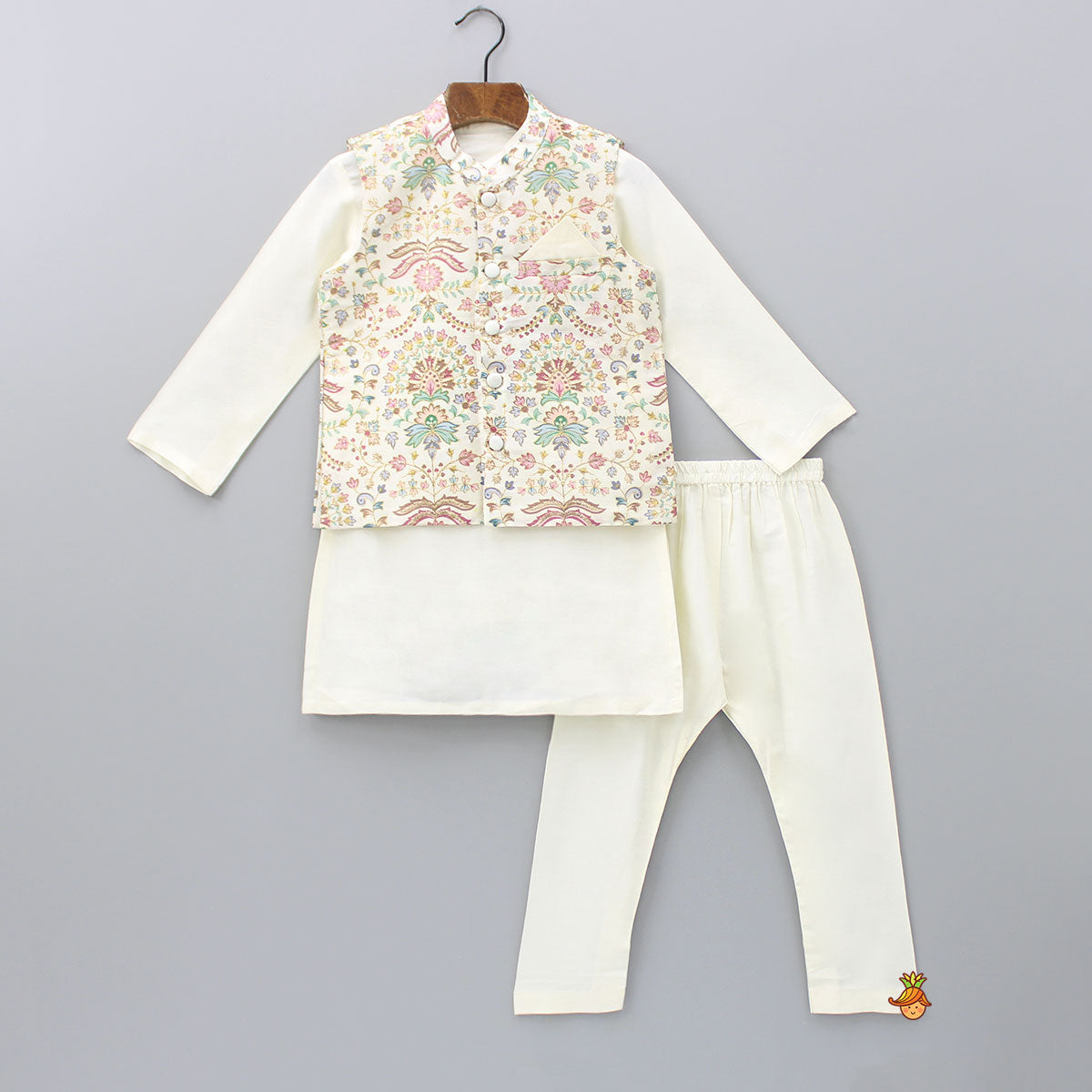 Floral Printed Golden Thread Work Jacket With Off White Kurta And Pyjama