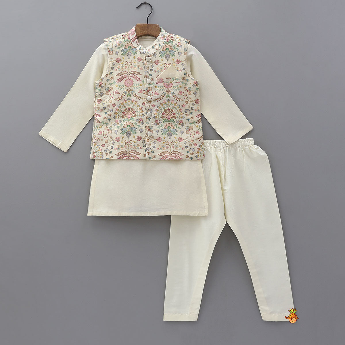 Floral Printed Golden Thread Work Jacket With Off White Kurta And Pyjama