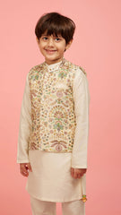 Pre Order: Floral Printed Golden Thread Work Jacket With Off White Kurta And Pyjama