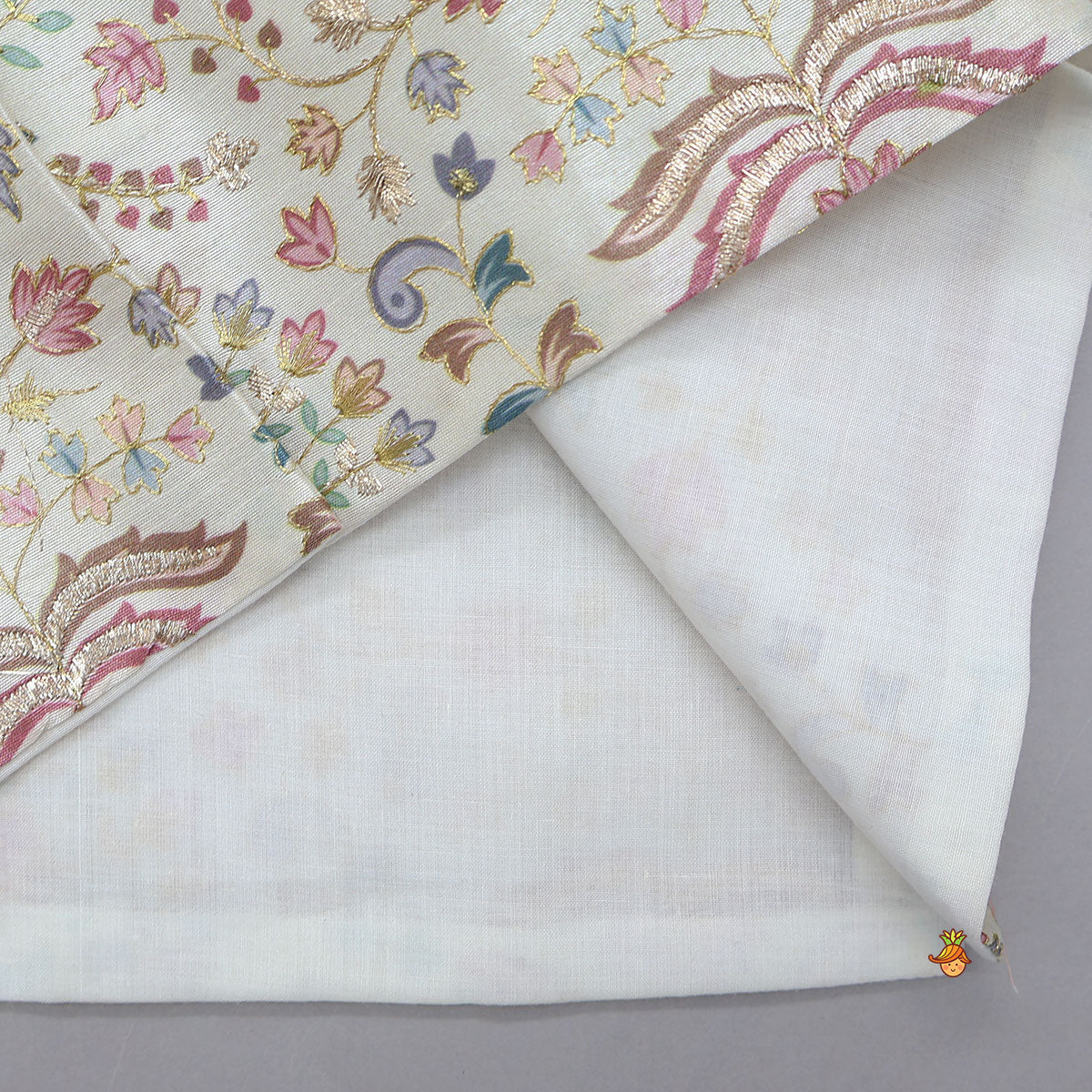 Floral Printed Golden Thread Work Jacket With Off White Kurta And Pyjama