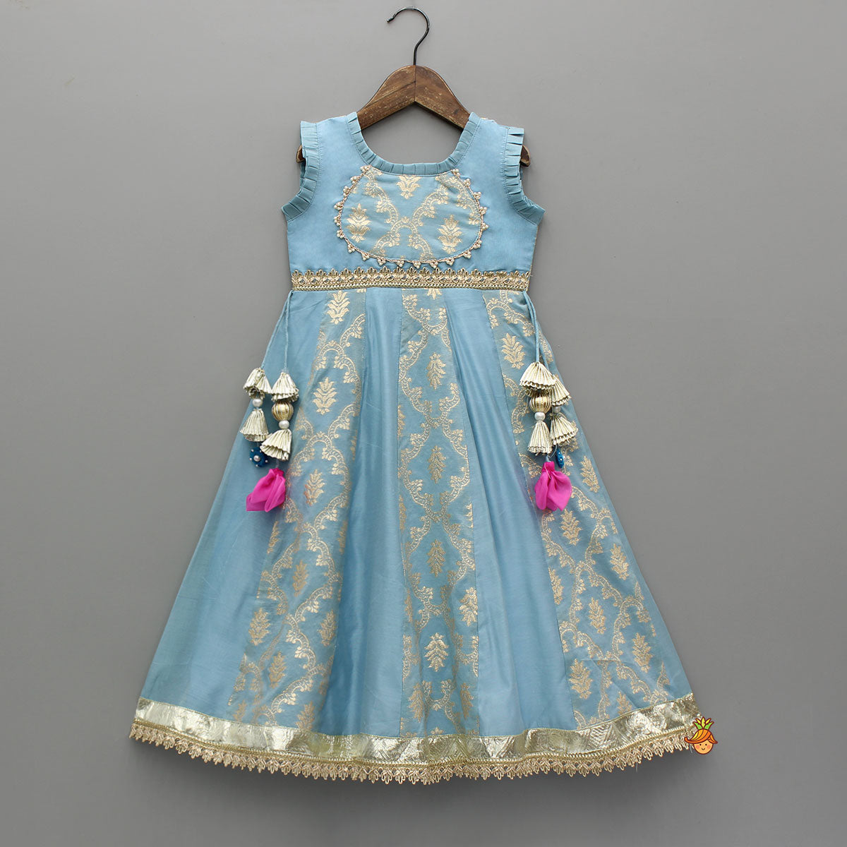 Zari Brocade Embroidered Lace Work Dress With Attached Drape Dupatta