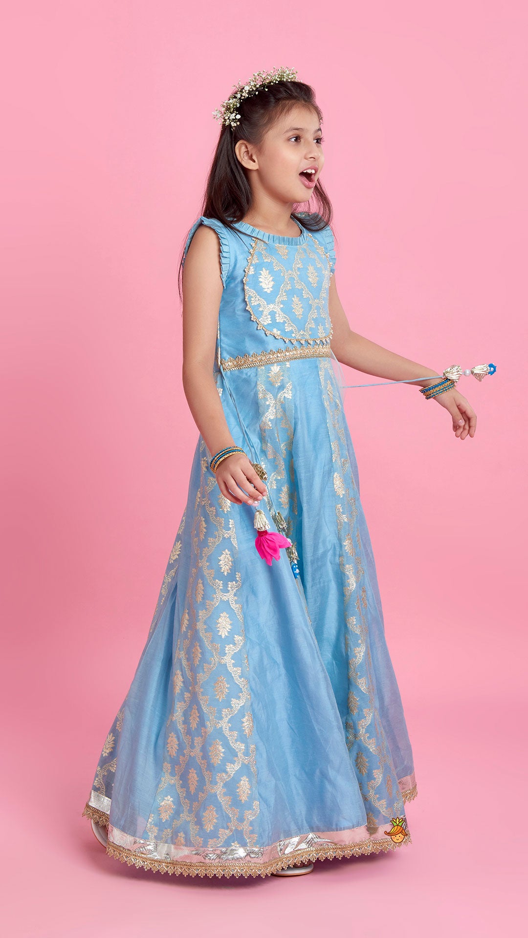 Zari Brocade Embroidered Lace Work Dress With Attached Drape Dupatta