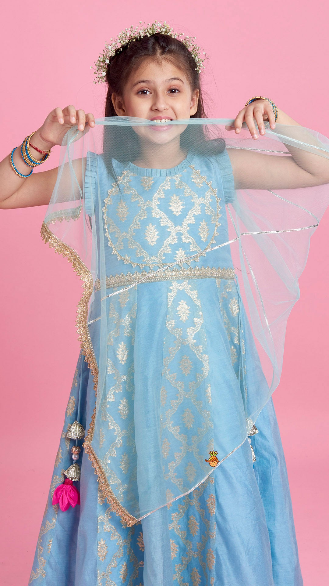 Zari Brocade Embroidered Lace Work Dress With Attached Drape Dupatta