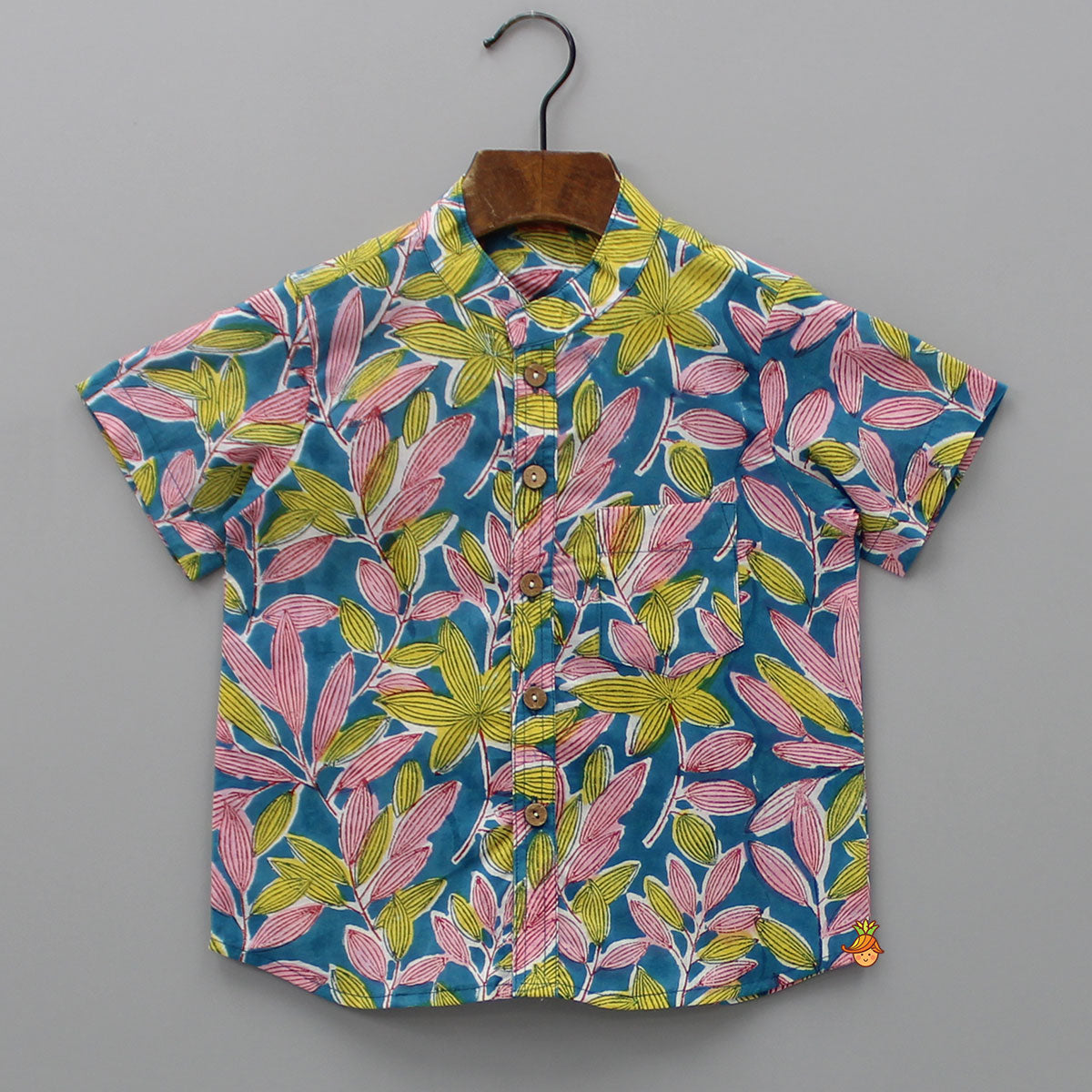 Tropical Leaves Printed Teal Blue Shirt