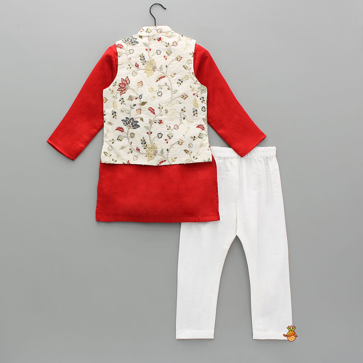 Red Kurta With Off White Floral And Sequins Embroidered Jacket And Pyjama