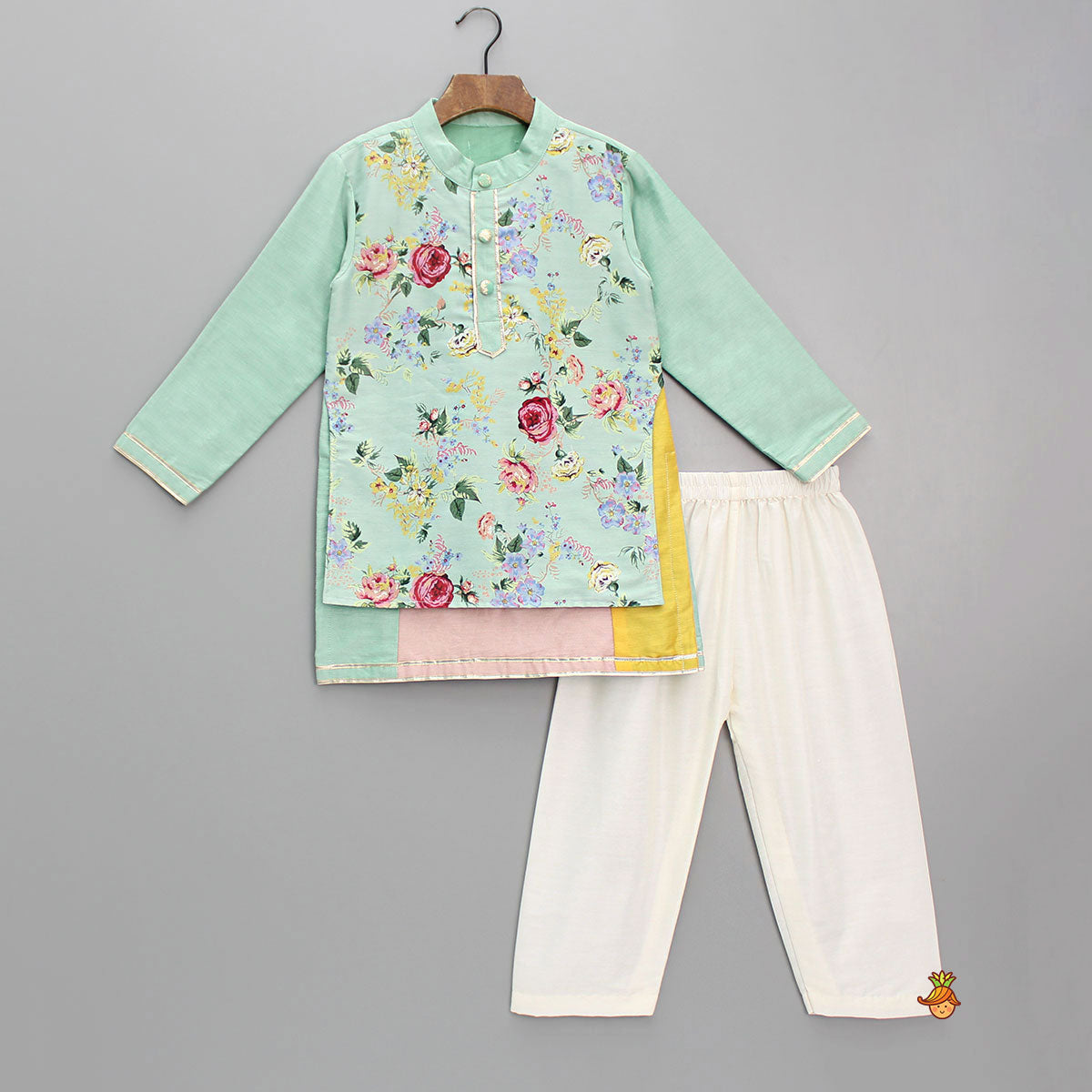 Spring Flowers Printed Attached Flap Colour Block Kurta With Pyjama