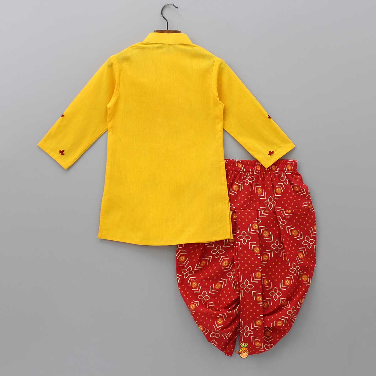 Thread Embroidered Yellow Kurta With Bandhani Printed Red Dhoti