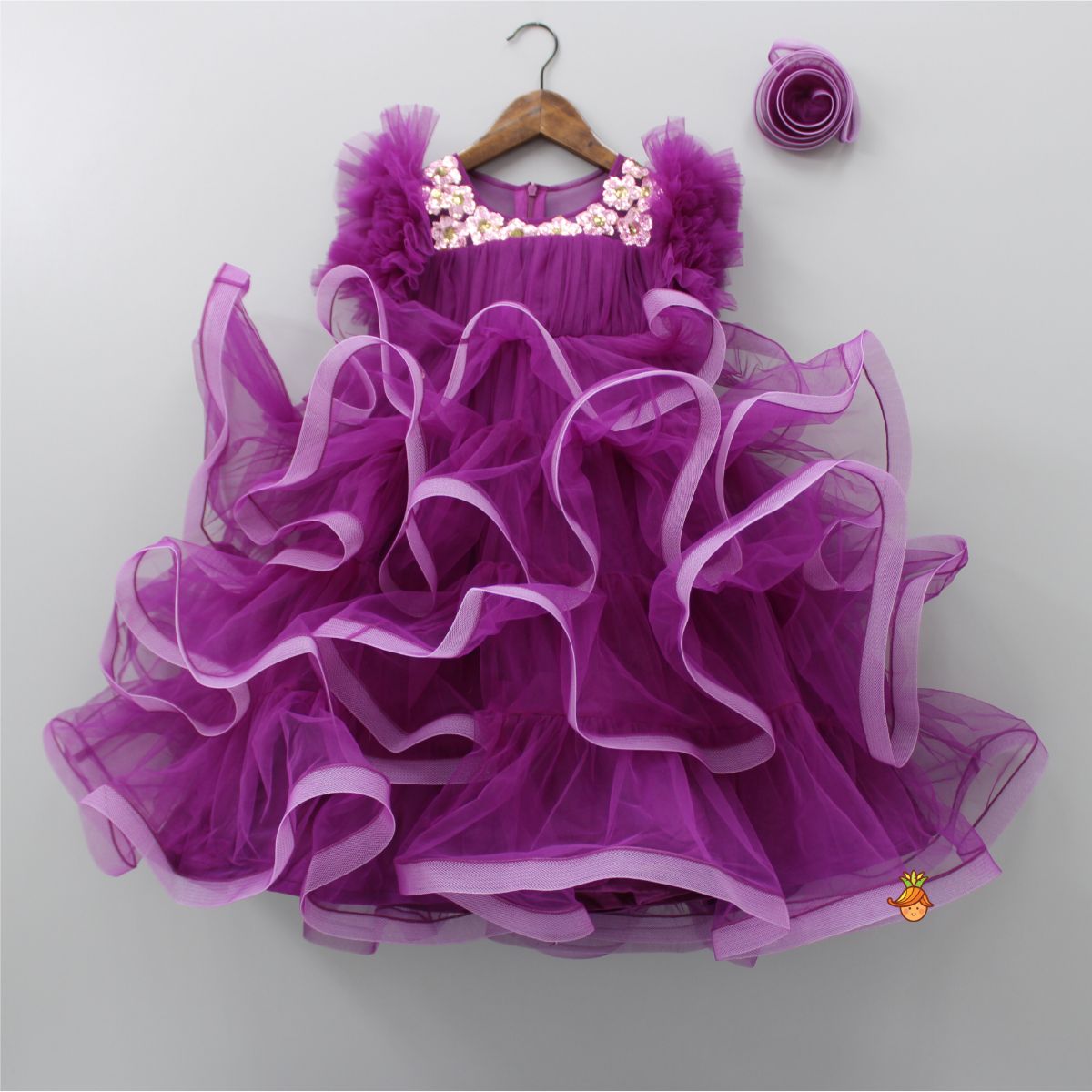 Pre Order: Pretty Purple Ruffled Layered Gown With Matching Hair Clip