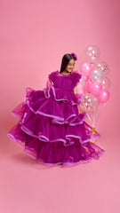 Pre Order: Pretty Purple Ruffled Layered Gown With Matching Hair Clip