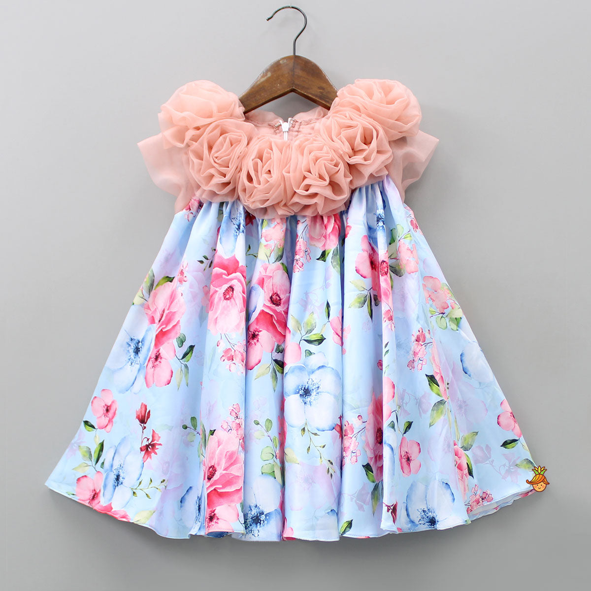 Blue And Pink Floral Printed Rose Flowers Adorned Dress