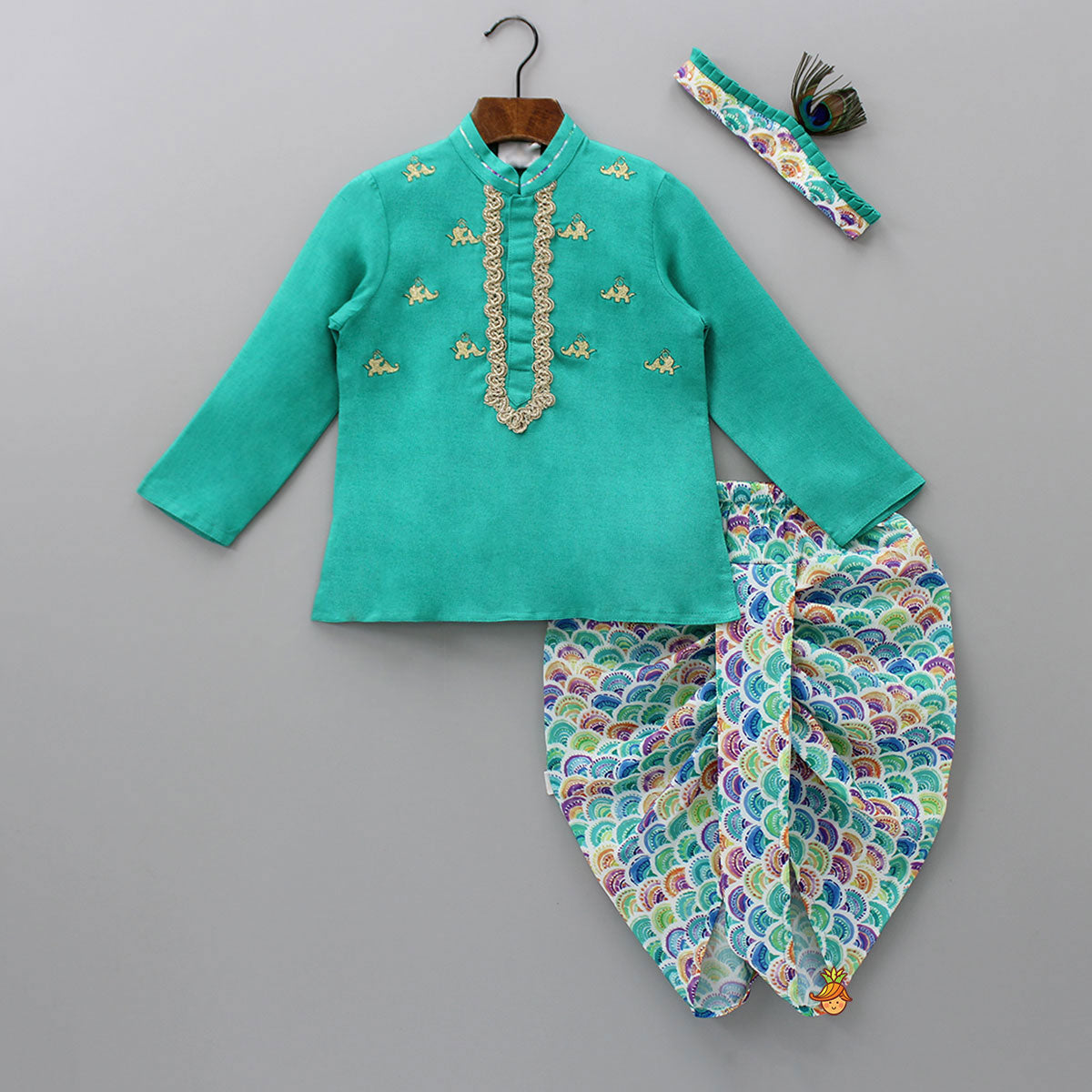 Zari Thread Embroidered Kurta With Colourful Dhoti And Mukut