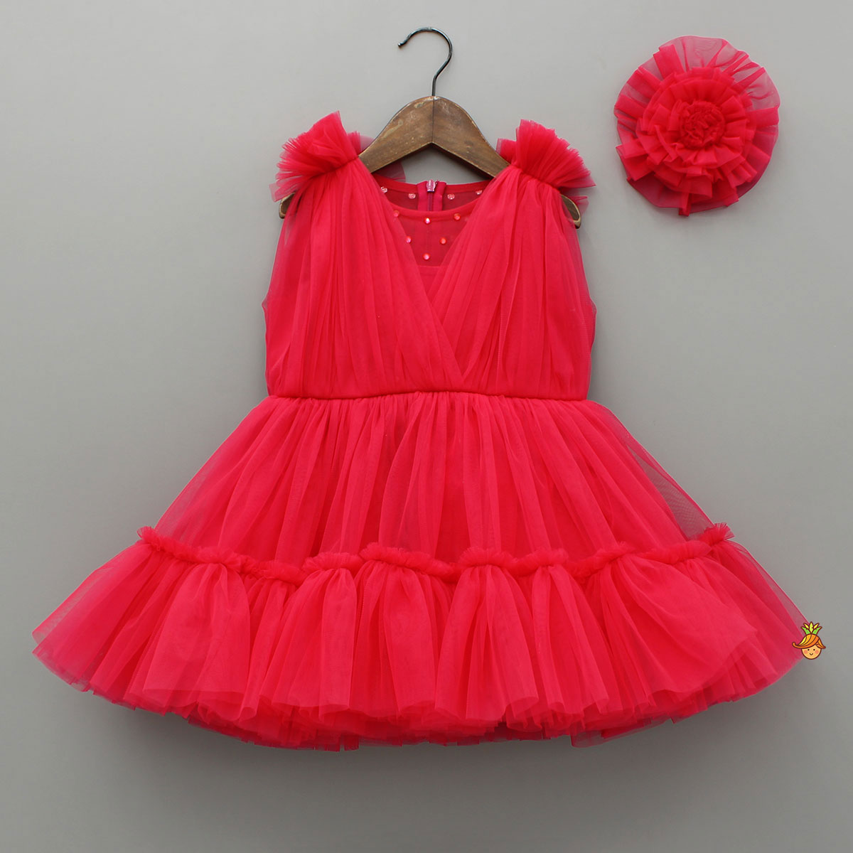 Enchanting Crimson Red Gathered Dress With Hair Clip