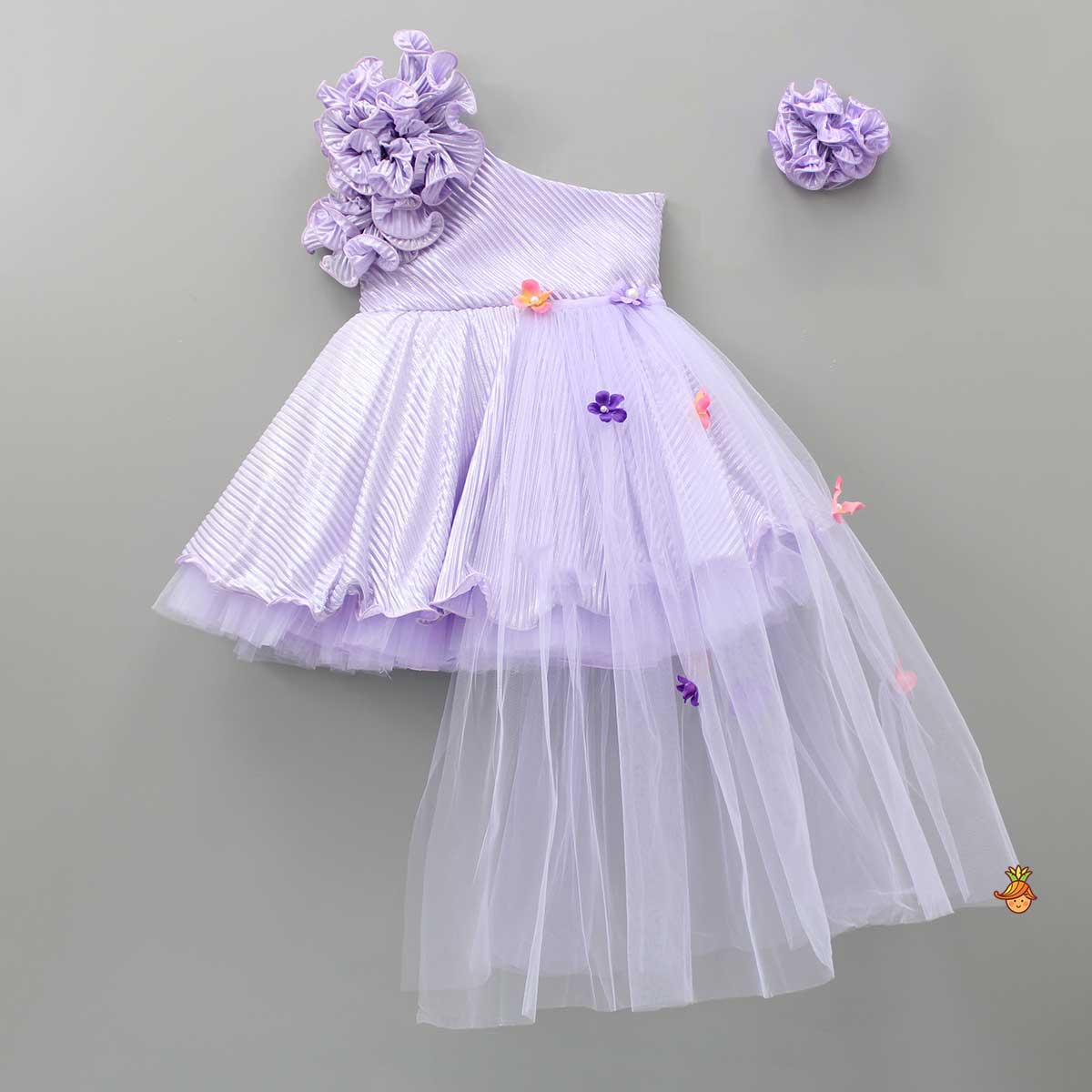 Pre Order: Adorable Shimmery One Shoulder Lavender Dress With Flower Embellished Detachable Drape And Hair Clip