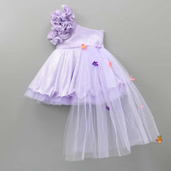 Pre Order: Adorable Shimmery One Shoulder Lavender Dress With Flower Embellished Detachable Drape And Hair Clip