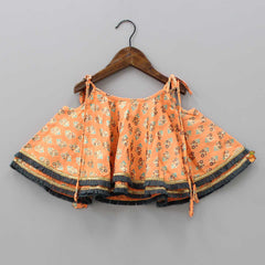 Foil Printed And Fringes Lace Detailed Top With Dhoti And Matching Sling Bag