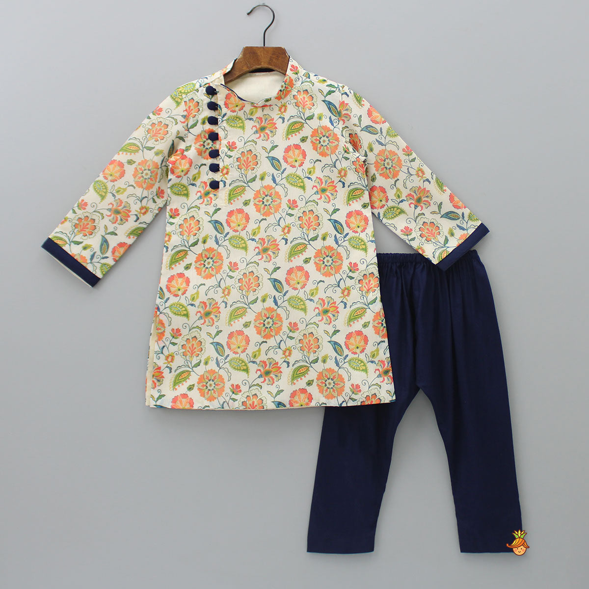 Pre Order: Floral Printed Beige Kurta And Navy Blue Pyjama