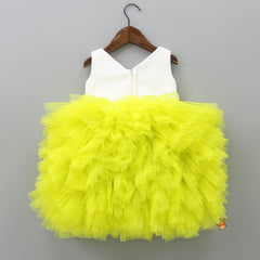 Pin Tuck Detailed Ruffle Frilly White And Lime Green Party Dress