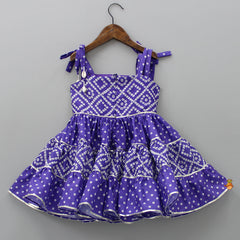 Pre Order: Bandhani Printed And Gota Lace Detailed Violet Tiered Kurti