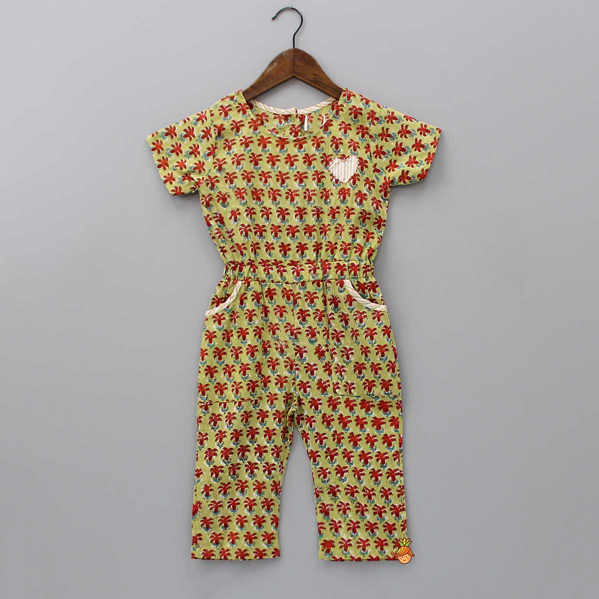 Pre Order: Hand Block Printed And Heart Patch Detailed Jumpsuit