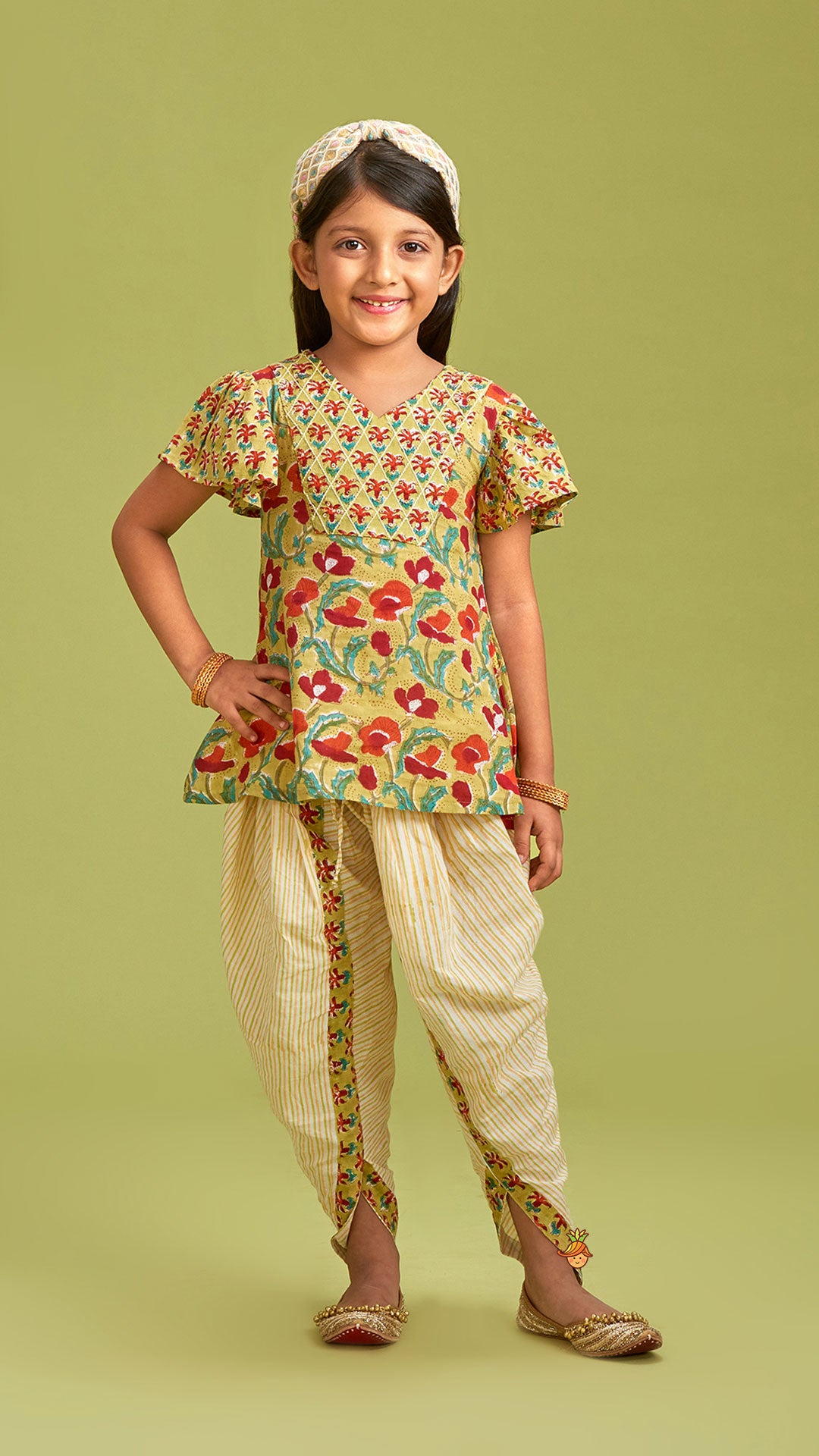 Sequins Embellished Hand Block Floral Printed  Sage Green Top And Stripes Printed Dhoti