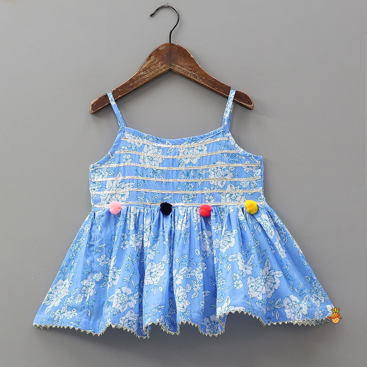 Gota Lace Detailed Floral Printed Powder Blue Top And Sharara