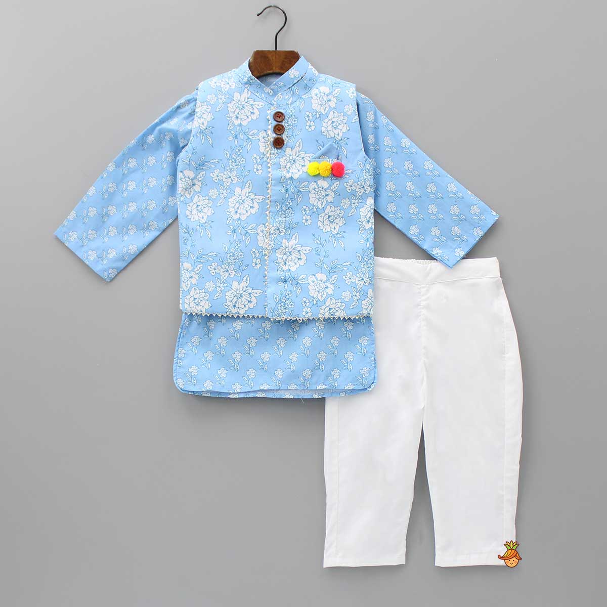 Pre Order: Gota Lace Detailed Powder Blue Ethnic Kurta With Floral Printed Jacket And Pyjama