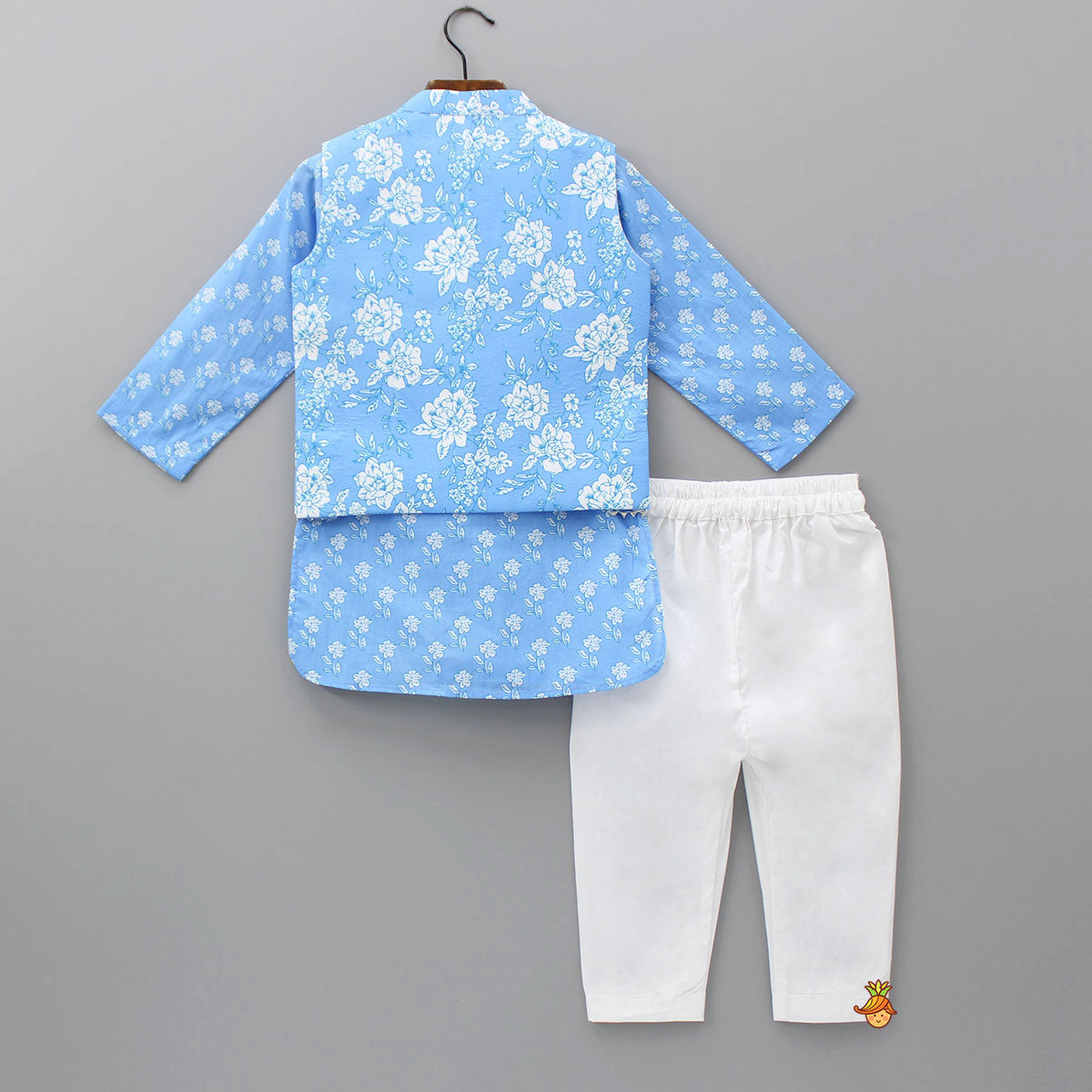 Gota Lace Detailed Powder Blue Ethnic Kurta With Floral Printed Jacket And Pyjama