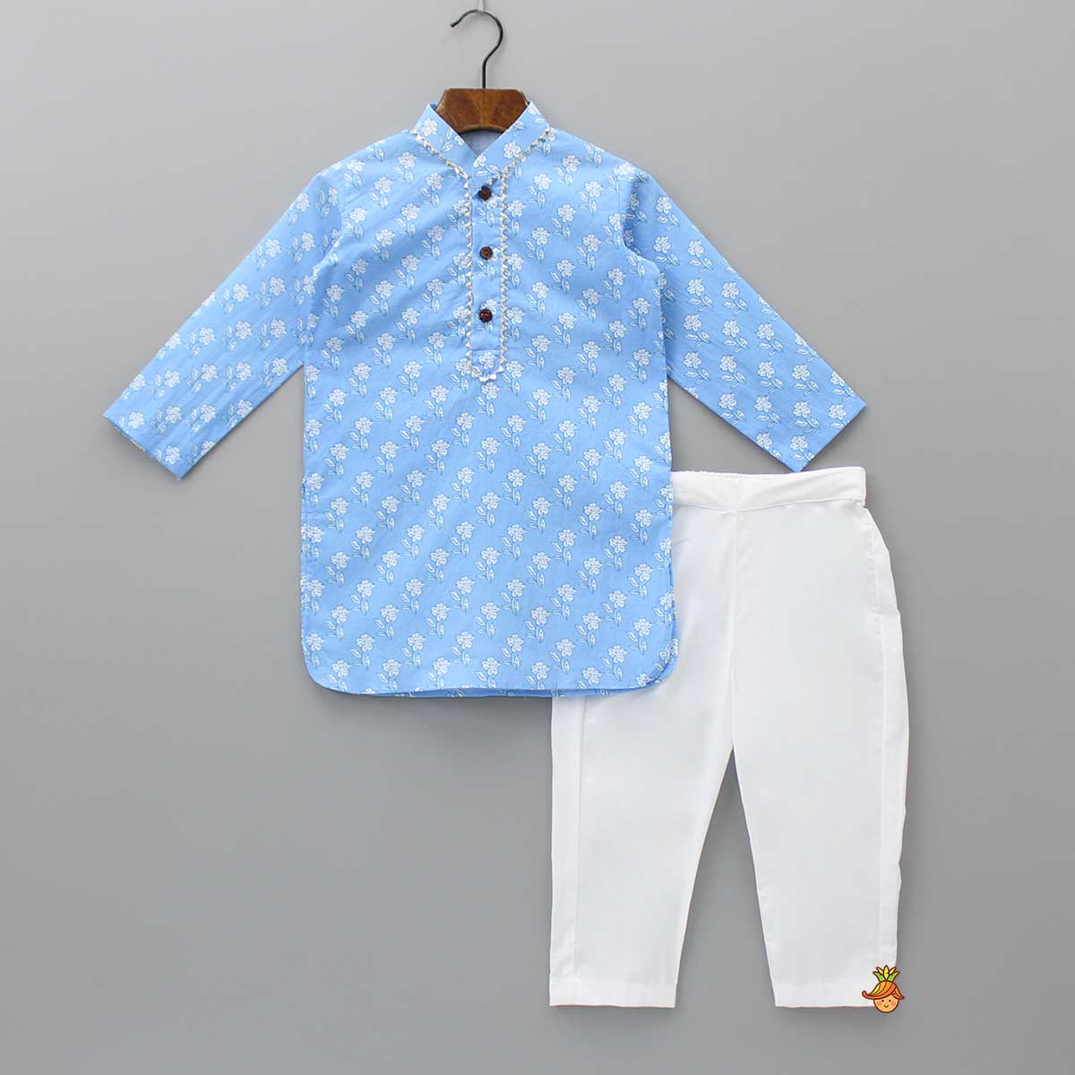 Gota Lace Detailed Powder Blue Ethnic Kurta With Floral Printed Jacket And Pyjama