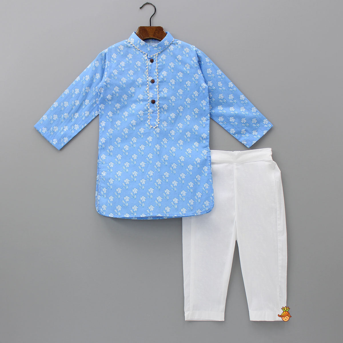 Gota Lace Detailed Powder Blue Ethnic Kurta With Floral Printed Jacket And Pyjama