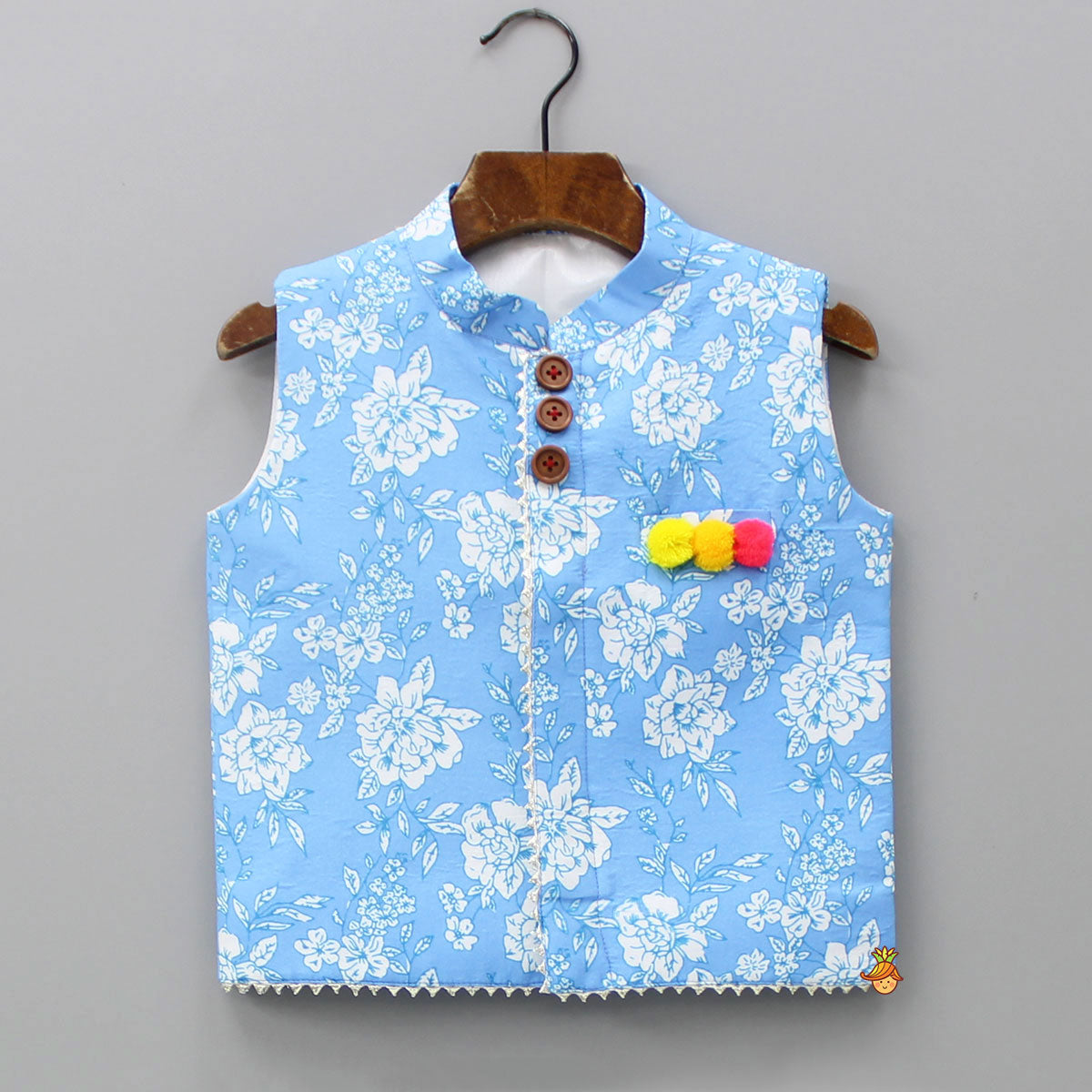 Gota Lace Detailed Powder Blue Ethnic Kurta With Floral Printed Jacket And Pyjama