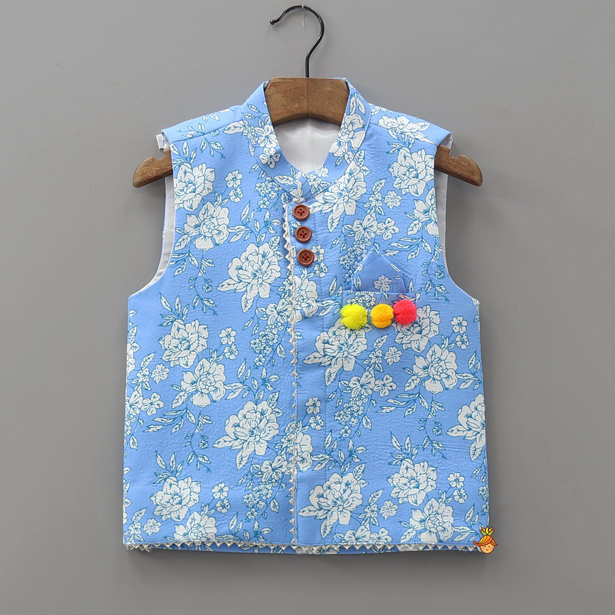 Gota Lace Detailed Powder Blue Ethnic Kurta With Floral Printed Jacket And Pyjama