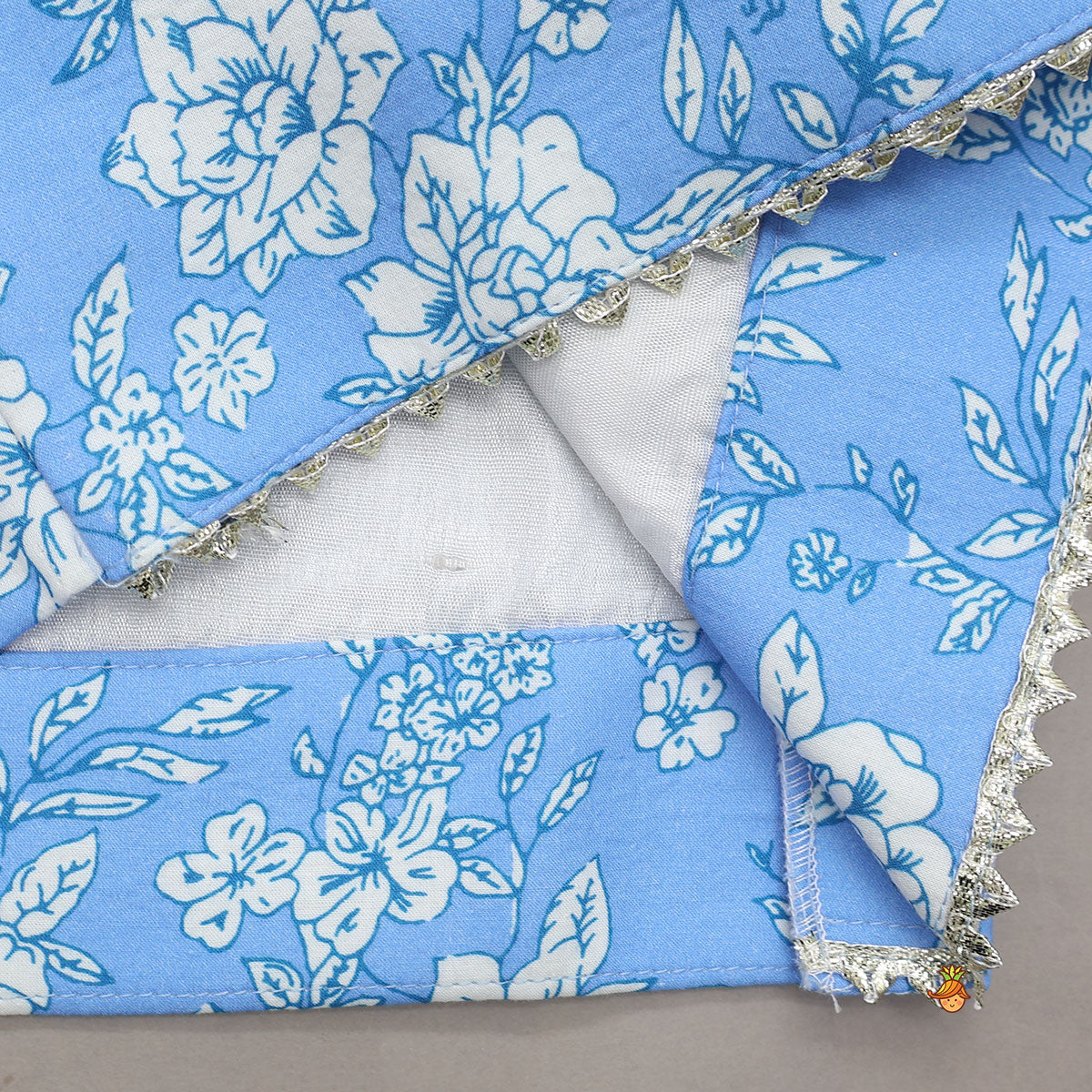 Gota Lace Detailed Powder Blue Ethnic Kurta With Floral Printed Jacket And Pyjama