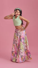 Pre Order: Pearls And Cut Dana Embellished Pista Green Stylish Top And Multicolour Printed Lehenga