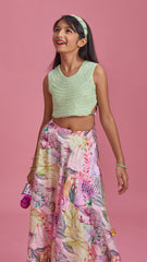 Pre Order: Pearls And Cut Dana Embellished Pista Green Stylish Top And Multicolour Printed Lehenga