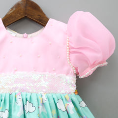 Pre Order: Pearls And Sequins Embellished Unicorn Printed Organza Dress