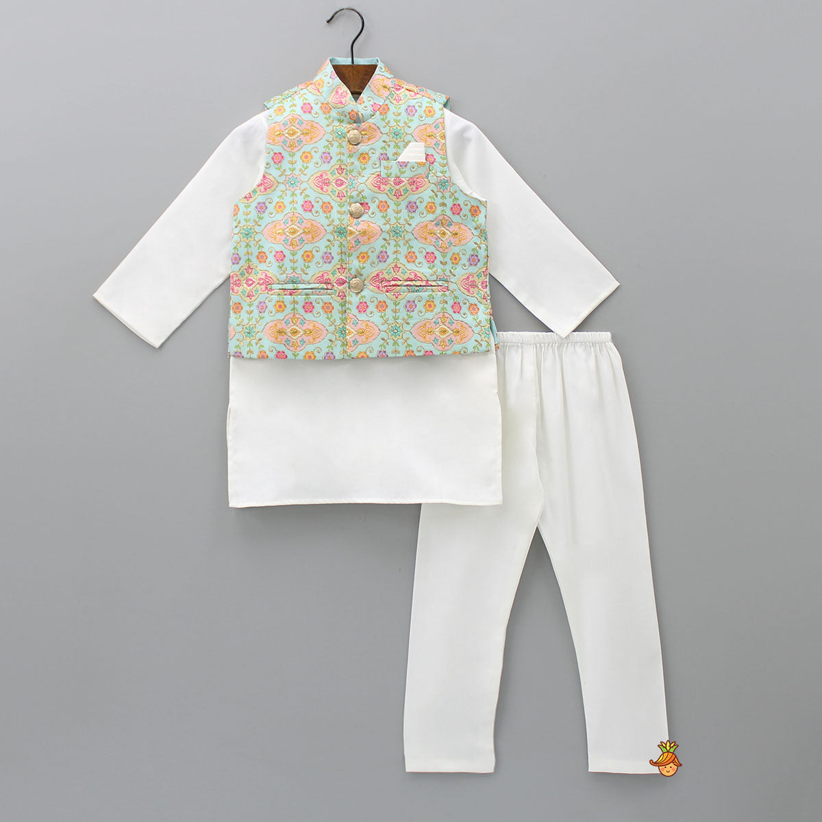 Pre Order: Zari Thread Embroidered And Floral Printed Ethnic Jacket With Off White Kurta And Pyjama