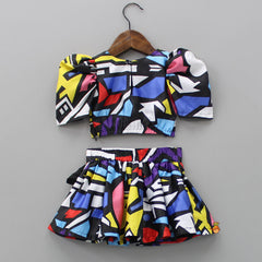 Pre Order: Geometric Printed Asymmetric Black Top And Skirt With Matching Hair Clip