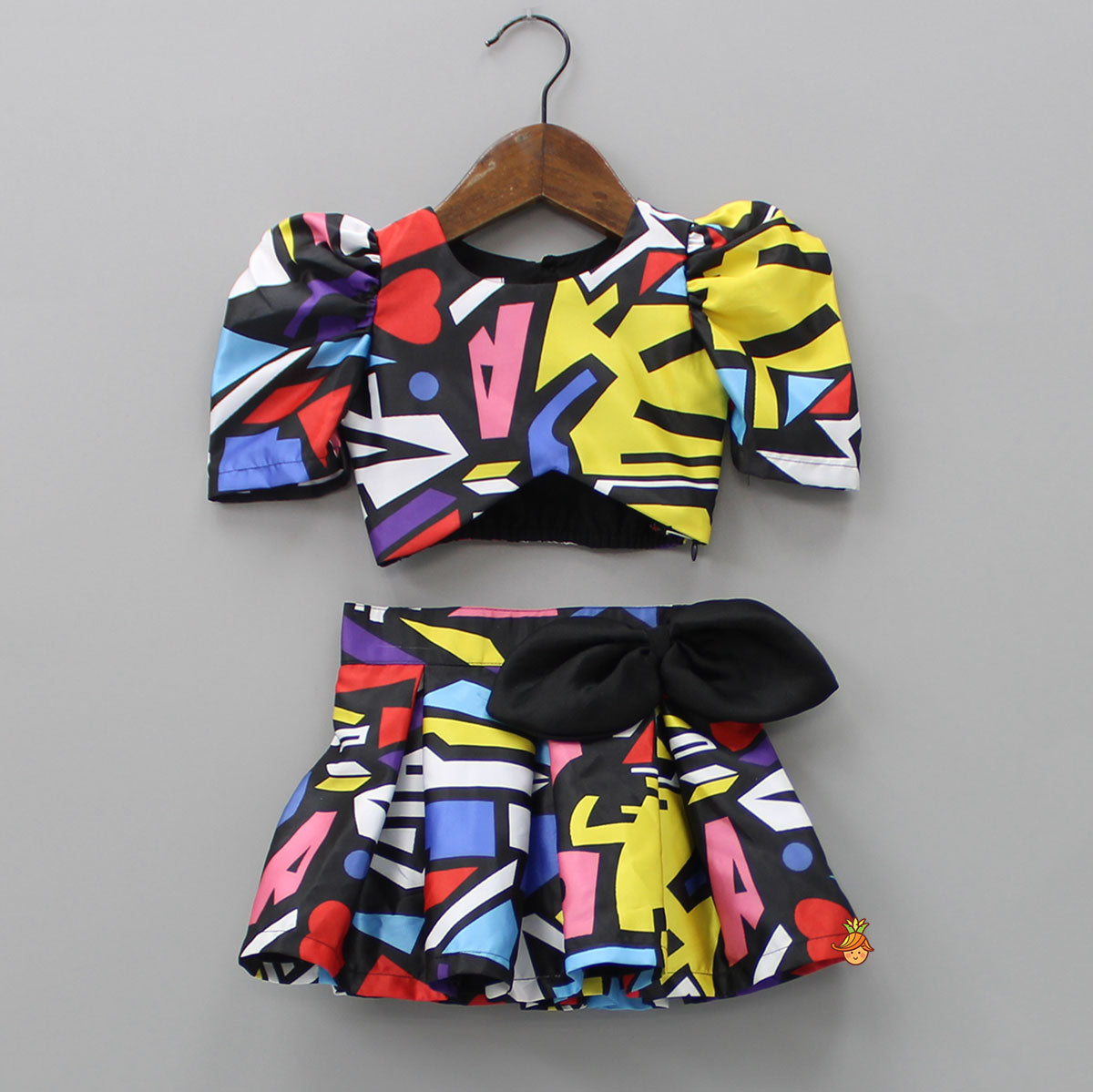 Pre Order: Geometric Printed Asymmetric Black Top And Skirt With Matching Hair Clip