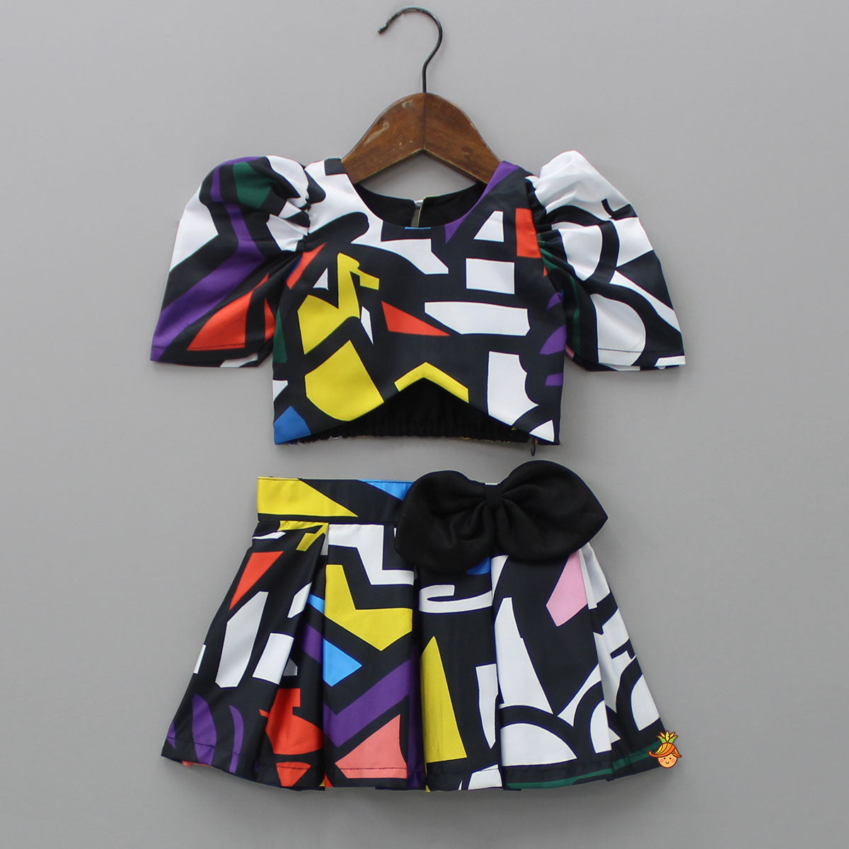 Geometric Printed Asymmetric Black Top And Skirt With Matching Hair Clip