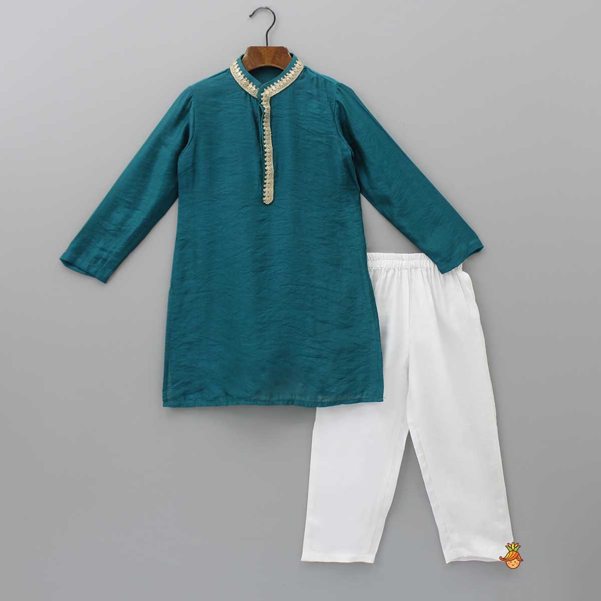 Sequins Embellished Lace Work Teal Blue Ethnic Kurta And Pyjama