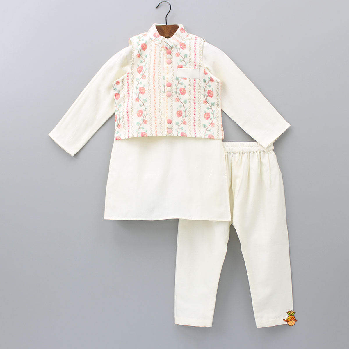 Pre Order: Floral Thread Embroidered Ethnic Jacket With Ivory Kurta And Pyjama