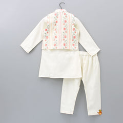 Pre Order: Floral Thread Embroidered Ethnic Jacket With Ivory Kurta And Pyjama
