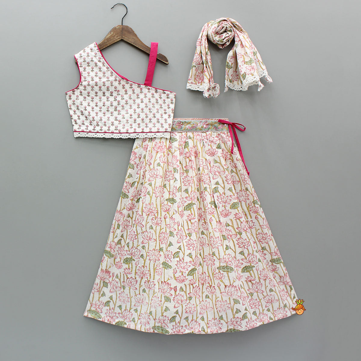 Lurex Striped Hand Block Floral Printed One Shoulder Top  And Lehenga With Matching Dupatta