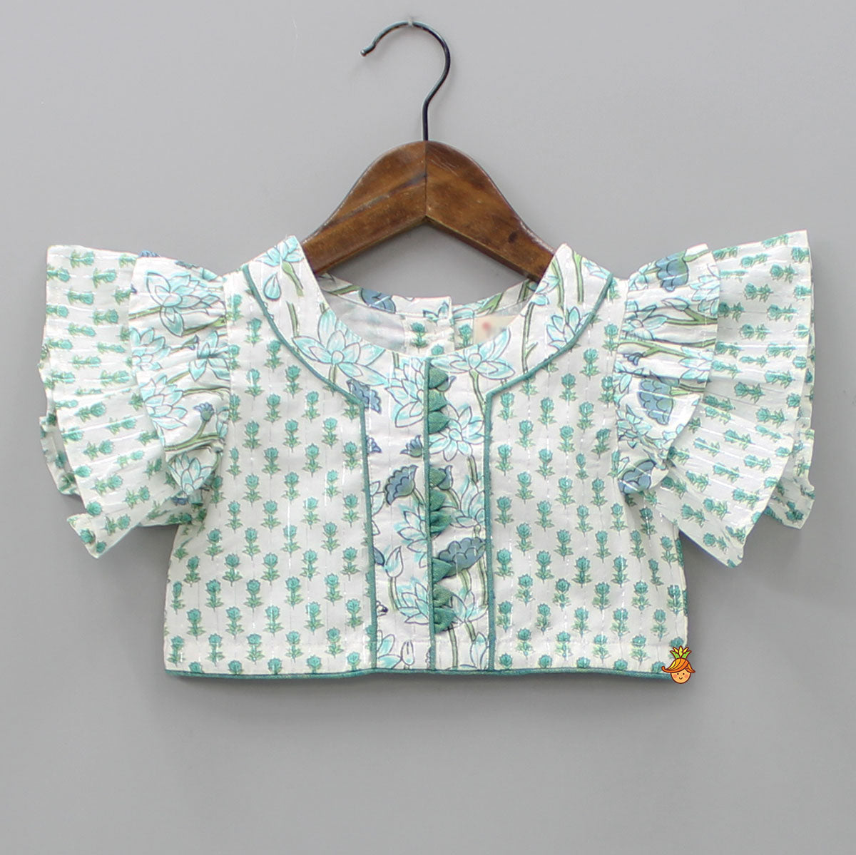 Lurex Striped Hand Block Floral Printed Turquoise Green Top With Lehenga