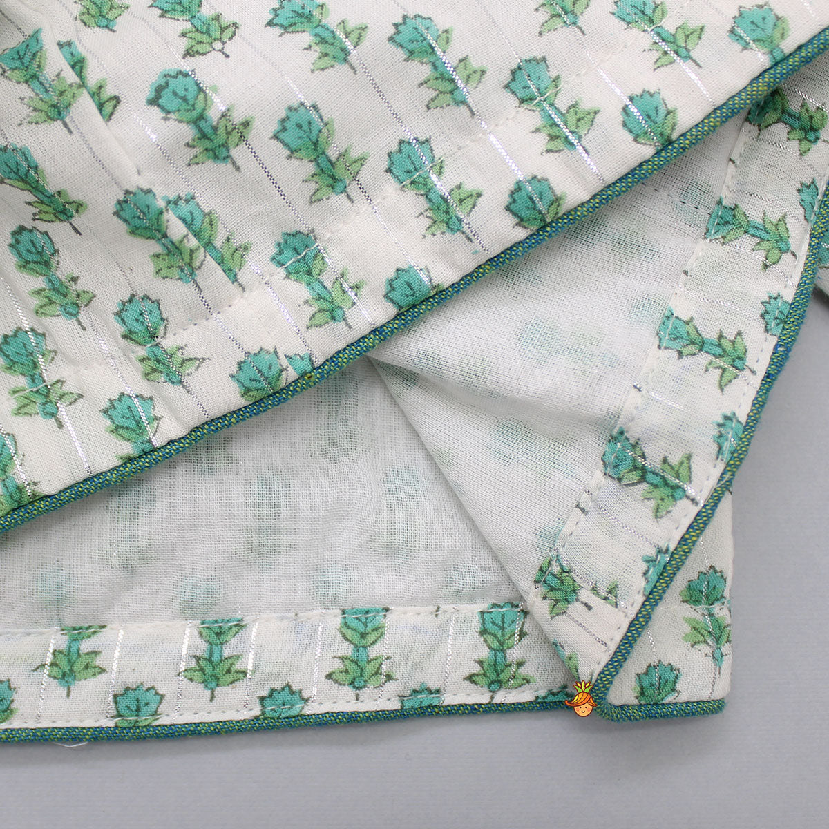 Lurex Striped Hand Block Floral Printed Turquoise Green Top With Lehenga