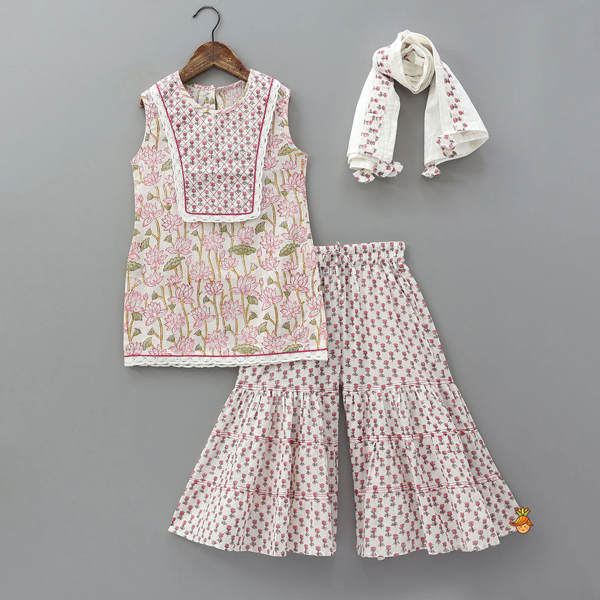 Lurex Striped Hand Block Floral Printed Kurti And Tiered Sharara With Dupatta