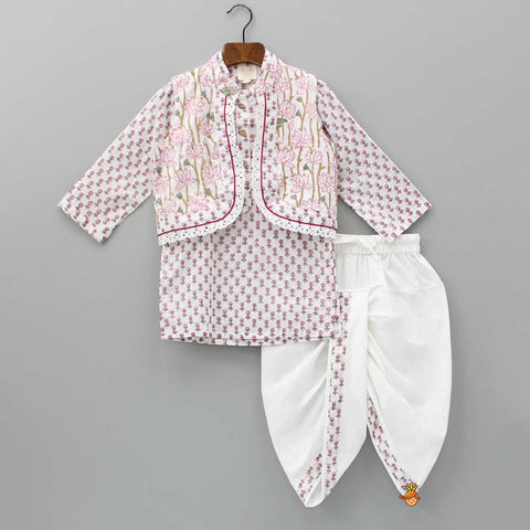 Pre Order: Lurex Striped Hand Block Printed Pink Ethnic Kurta With Open Jacket And Dhoti