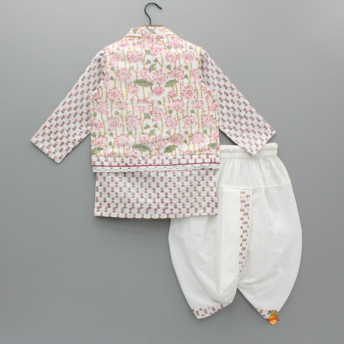 Lurex Striped Hand Block Printed Pink Ethnic Kurta With Open Jacket And Dhoti